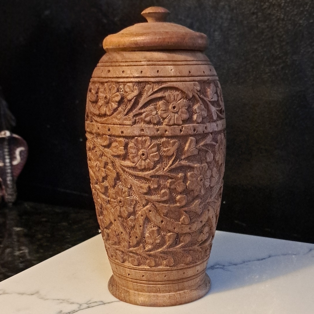 Handcrafted Wooden Floral Carved Jar